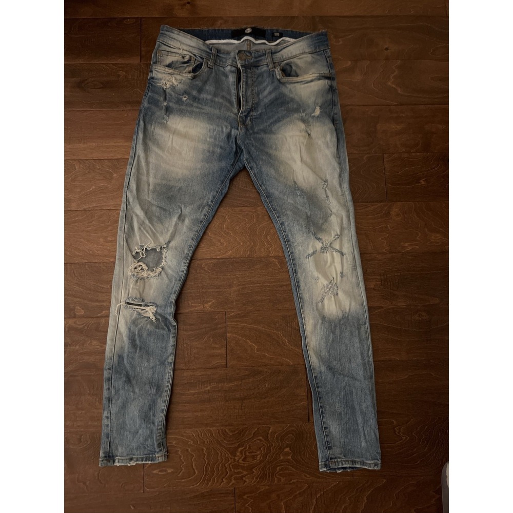 Jordan Craig Mens 34x32 Distressed Blue Denim Skinny Fit Ripped Jeans
